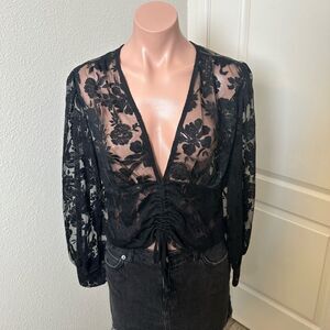 Elegant Black Floral Lace Long Sleeve Top Sz M